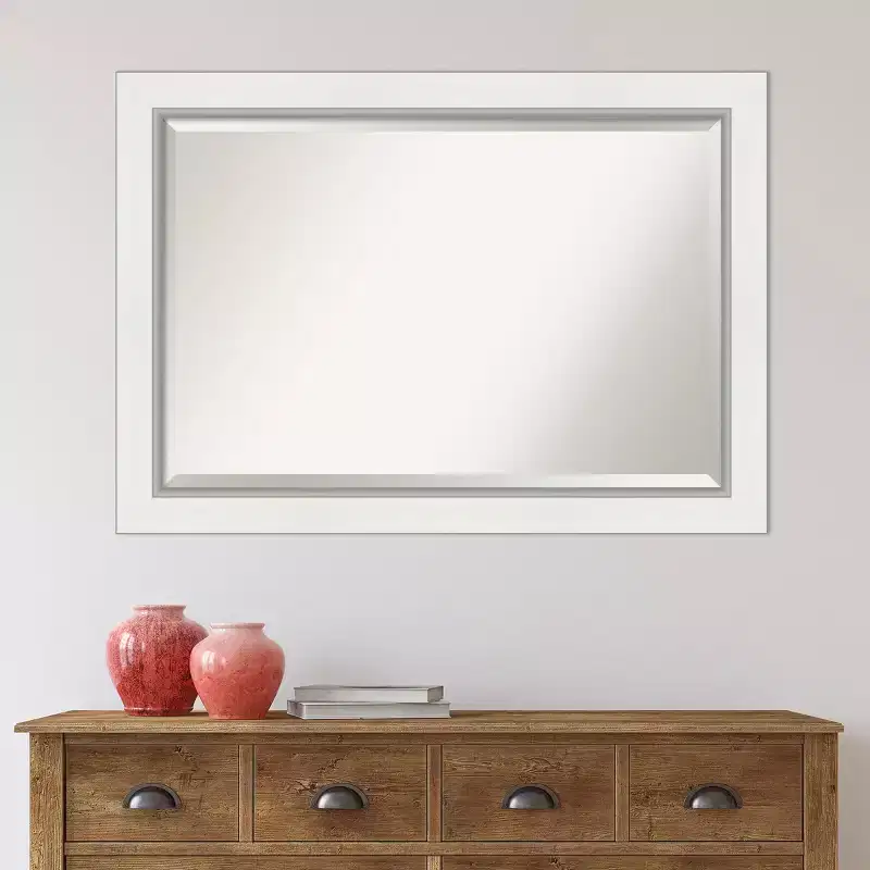 42x30 Inch Eva White Framed Wall Mirror in Silver with Modern Beveled Glass
