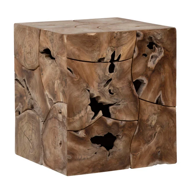 Artisan Reclaimed Teak Wood Side Table with Square Puzzle-Pieced Top & Natural Finish for Living Room