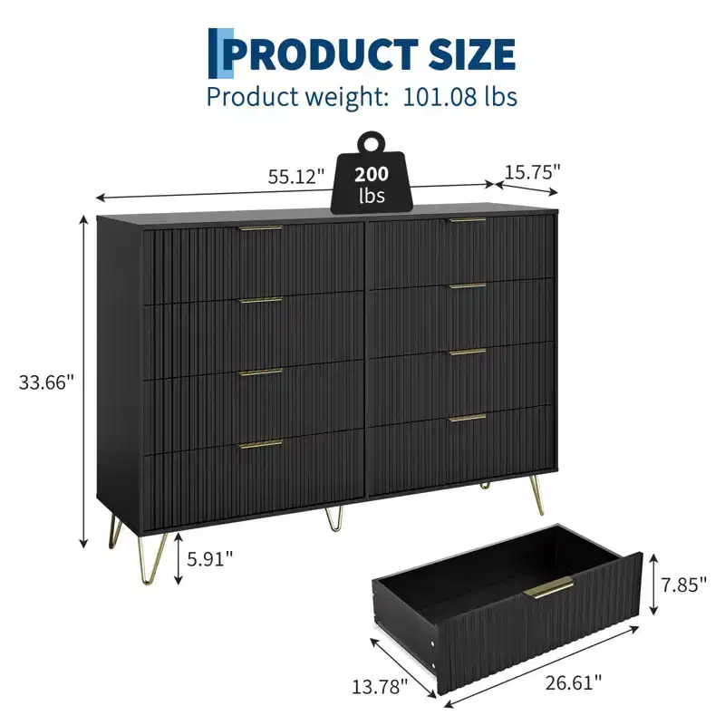 Modern Wood Dresser with 8 Fluted Drawers, Large Storage Chest with Metal Handles, Anti-Tip Bedroom Dresser for Bedroom, Living Room, Hallway