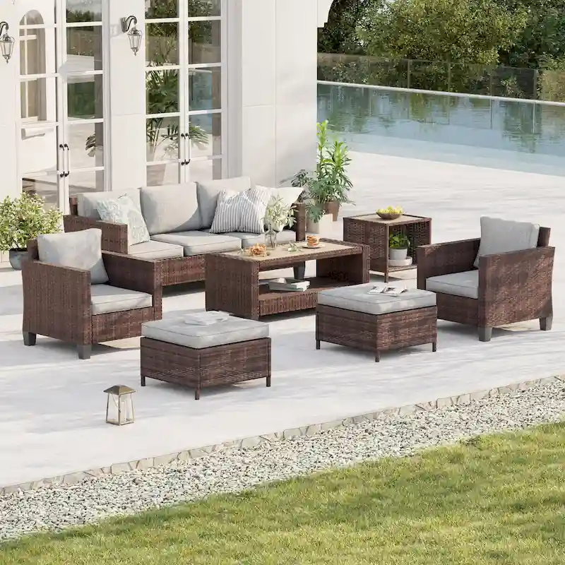 BONOSUKI Patio 7Pcs Furniture Conversation Brown Rattan 2 Side Tables