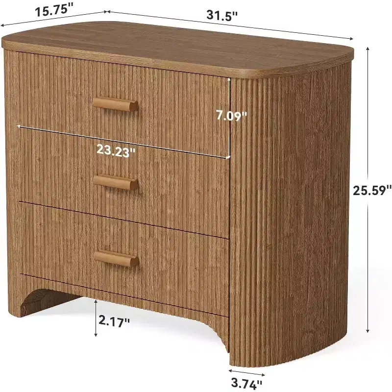 Tribesigns Wide Nightstand with 3 Drawers, Modern Oversized Bedside Table for Bedroom, with Fluted Striped Panel & Closed Back, Deep Brown