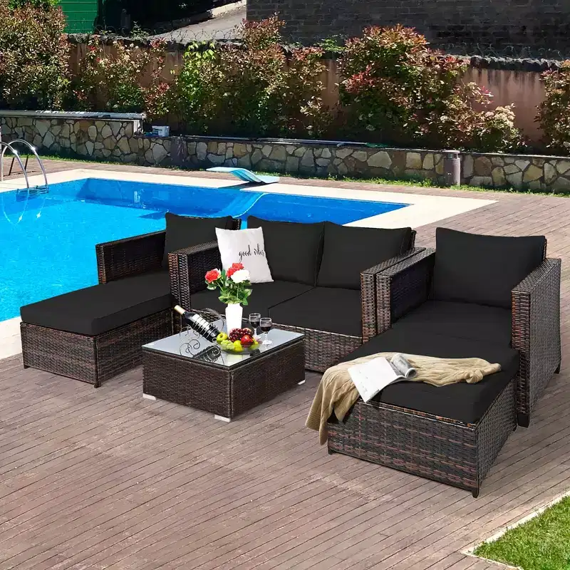 Costway 5PCS Patio Rattan Furniture Set Loveseat Sofa Ottoman Cushioned Red\White