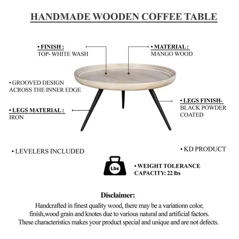 Coffee Table Round Tray Top Handcrafted Washed White Mango Wood, 30 Inch