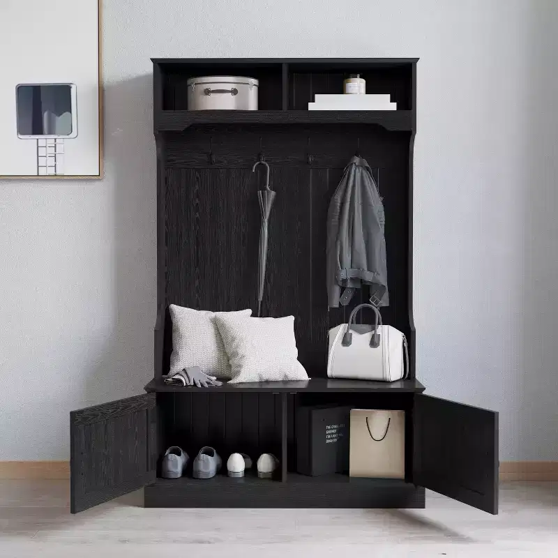 Hallway Tree with Bench Seating, 4 Double Coat Hooks, Upper Storage and Double Door Under-Bench Cabinet