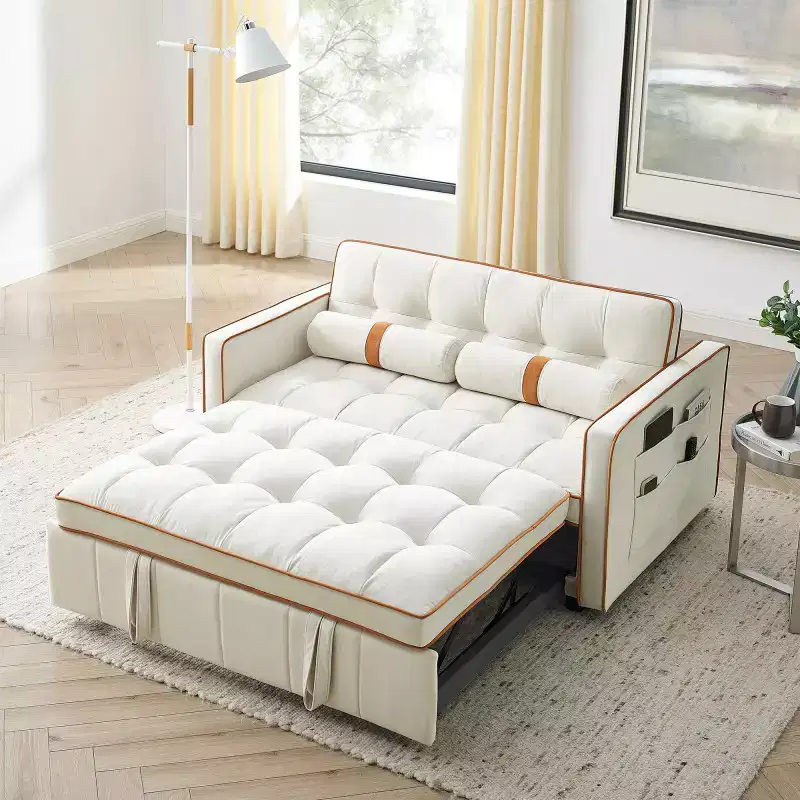 55.5 Inch Pull Out Sofa Bed, Velvet Love Seat Couch, Modern Love Seat Futon With Side Pockets Pull Out Sleep Sofa Bed
