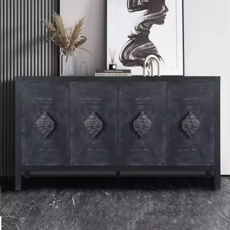 Retro 4-Door Buffet Sideboard, Large Kitchen Storage Cabinet, Stylish Entryway Console Table with Adjustable Shelves