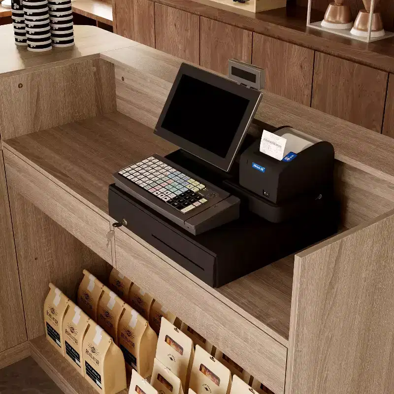 Light Wood Retail Cash Register & Reception Counter with Display Shelves