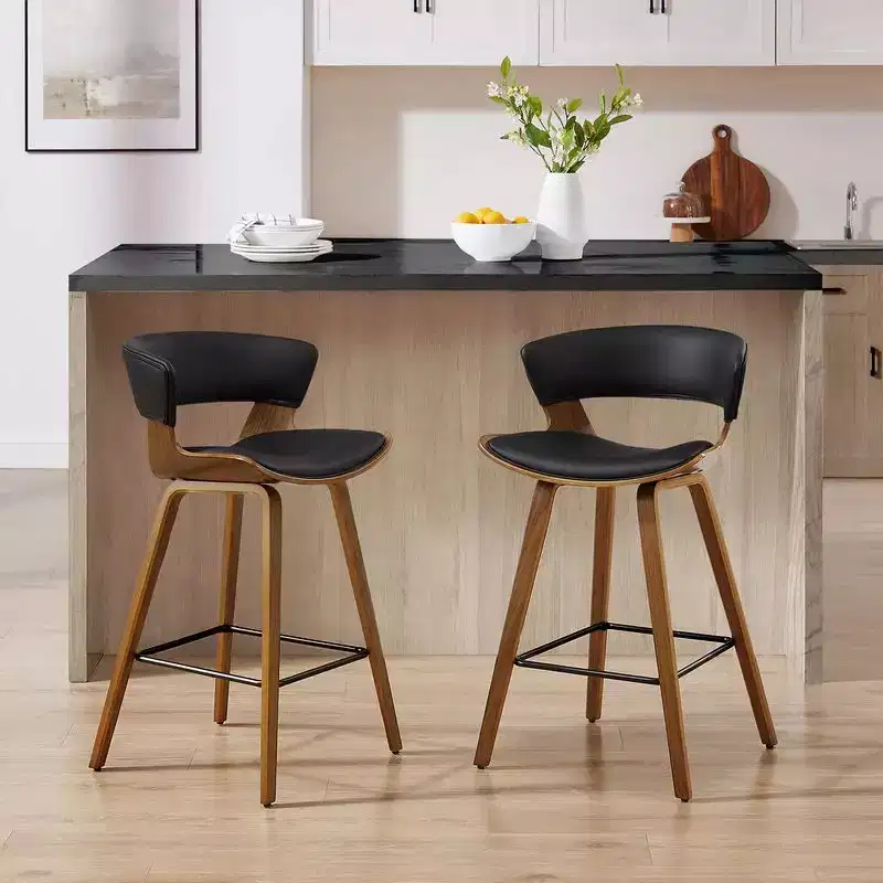 HOMLUX Set of 2 Oak Bentwood Barstool Mid-Century Ergonomic Curved Seats