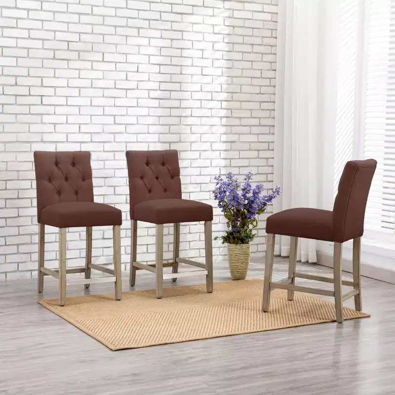 WestinTrends Hayes 24 Linen Fabric Tufted Counter Stool (Set of 3), Antique Gray, Brown