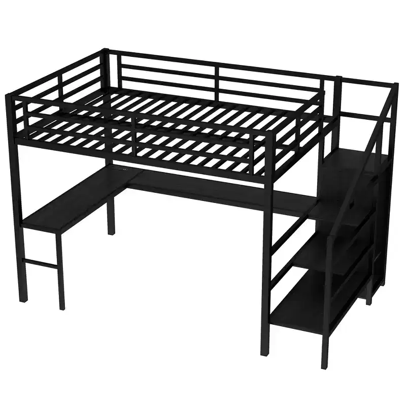 Queen Loft Bed with L-Shaped Desk, Wardrobe, USB Port & LED, Metal Loft Bed with Storage Stairs & Adjustable Shelf, Black