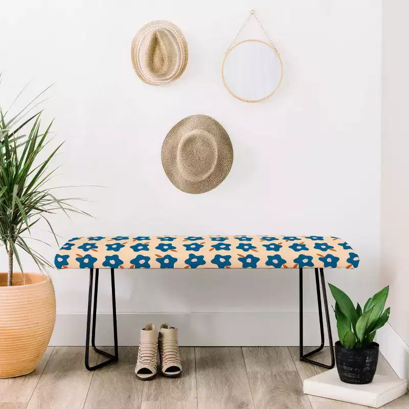 Wonky Blue Spring Flowers Upholstered Bench, Faux Leather, Steel Legs, 46