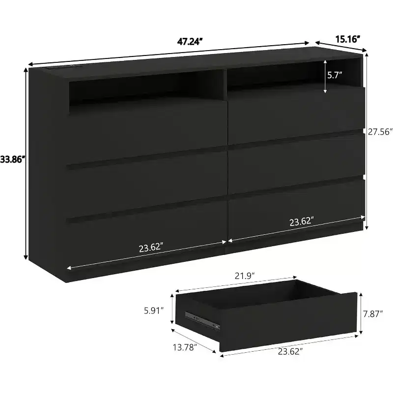 Dyonery 6 Drawer Dresser for Bedroom with LED Light