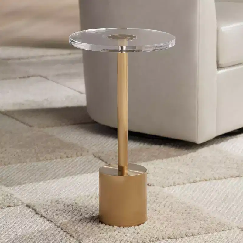 11.75in Round Side Table with Brushed Gold Base & Clear Acrylic Top, 20.75in Tall