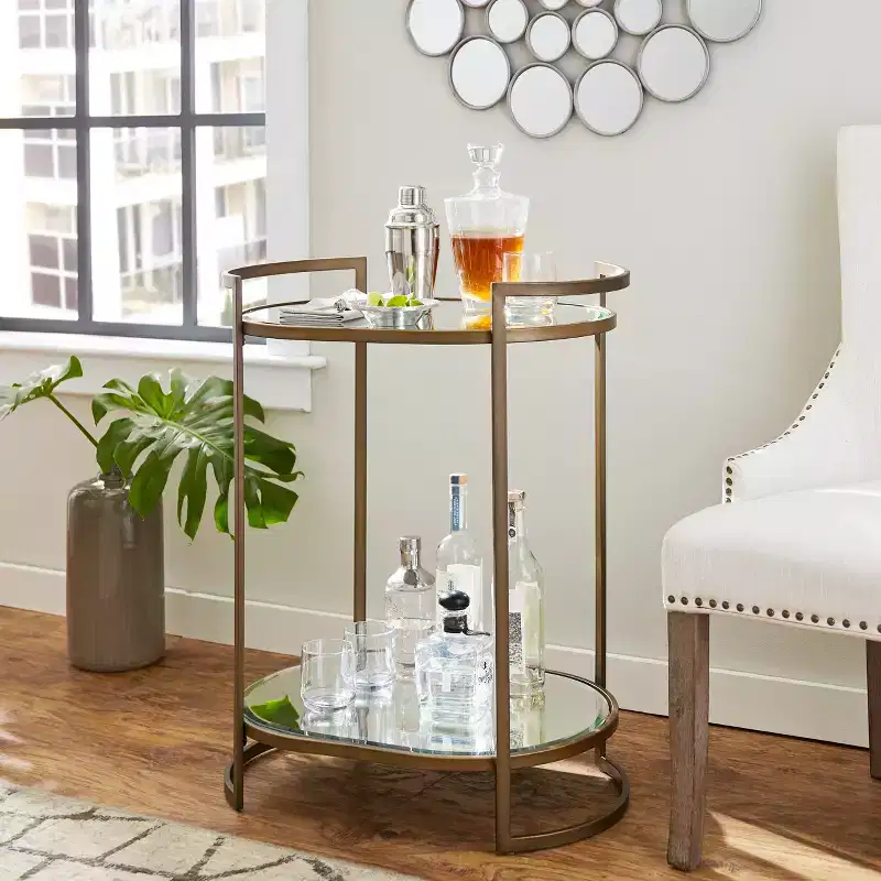 Glam Mirrored Bar Table with Gold Frame, 2 Shelves & Towel Bar, 26