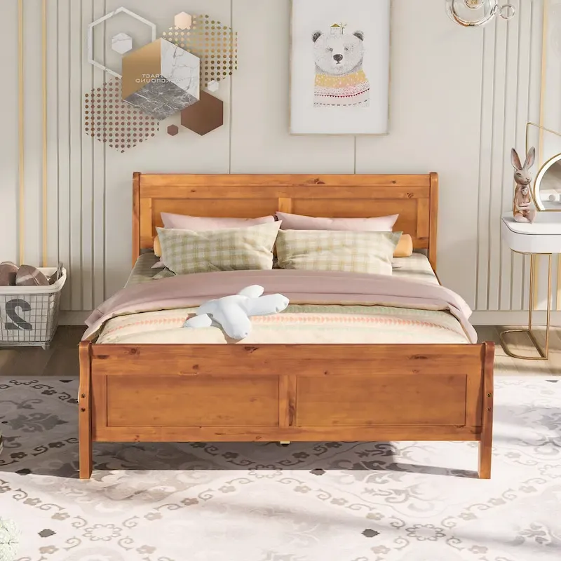 Queen Size Wood Platform Bed with Headboard and Wooden Slat Support, Oak