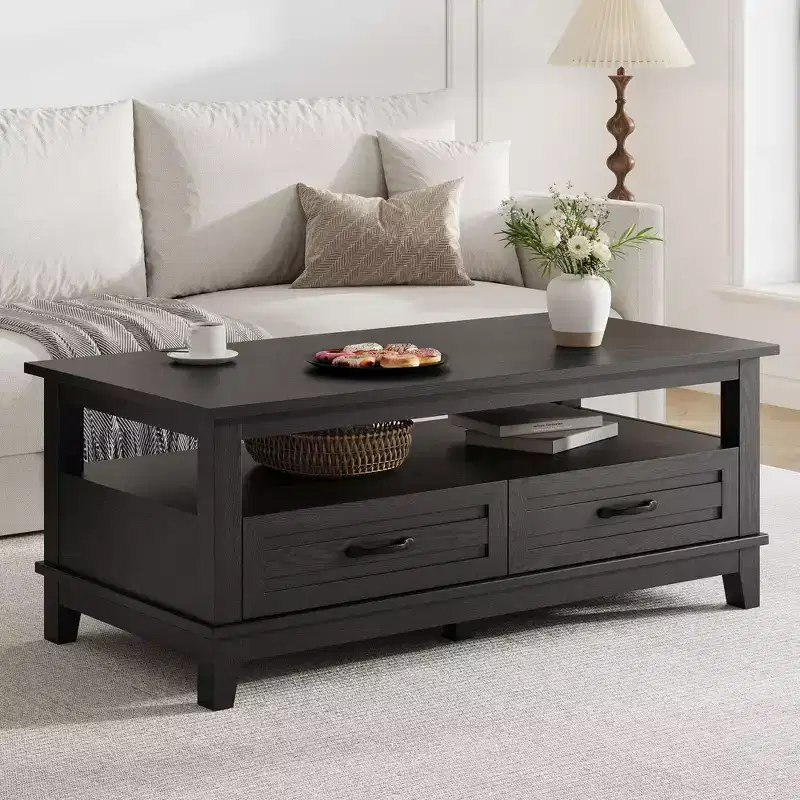 Coffee Table with Drawers and Open Shelf, 47.2 in, Black, 6-Leg Base