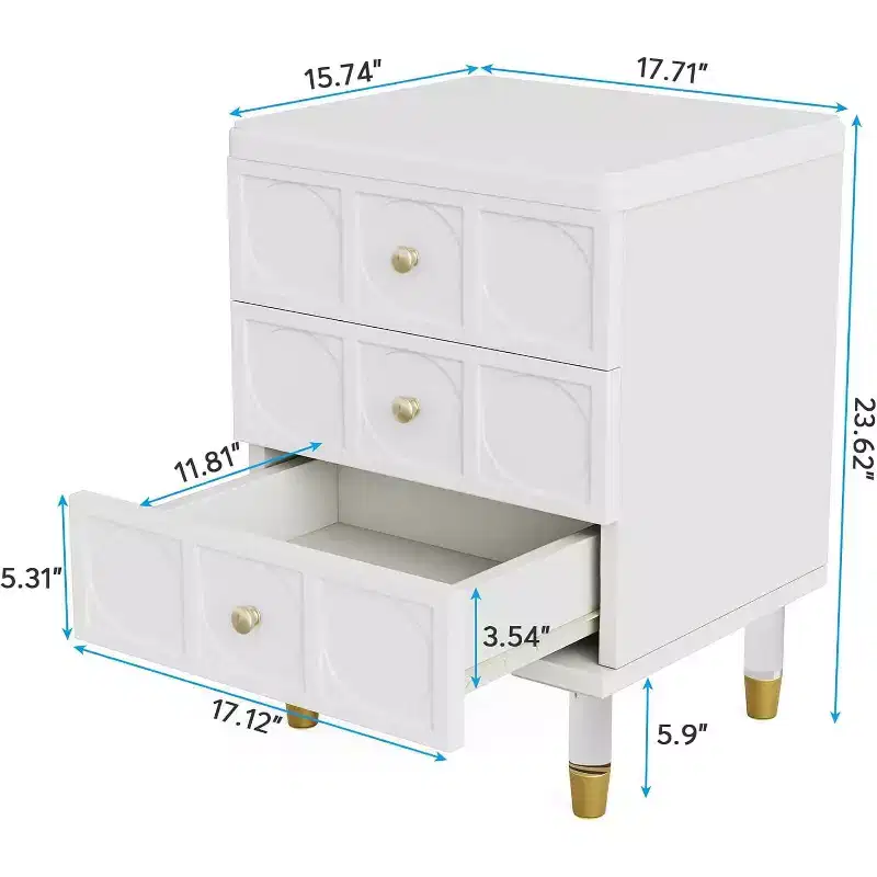Lantine Nightstand with 3 Drawers, White and Gold Bedside Table, Modern Small Chest of Drawers, Sofa End Tables with Storage for Dorm, Bedroom