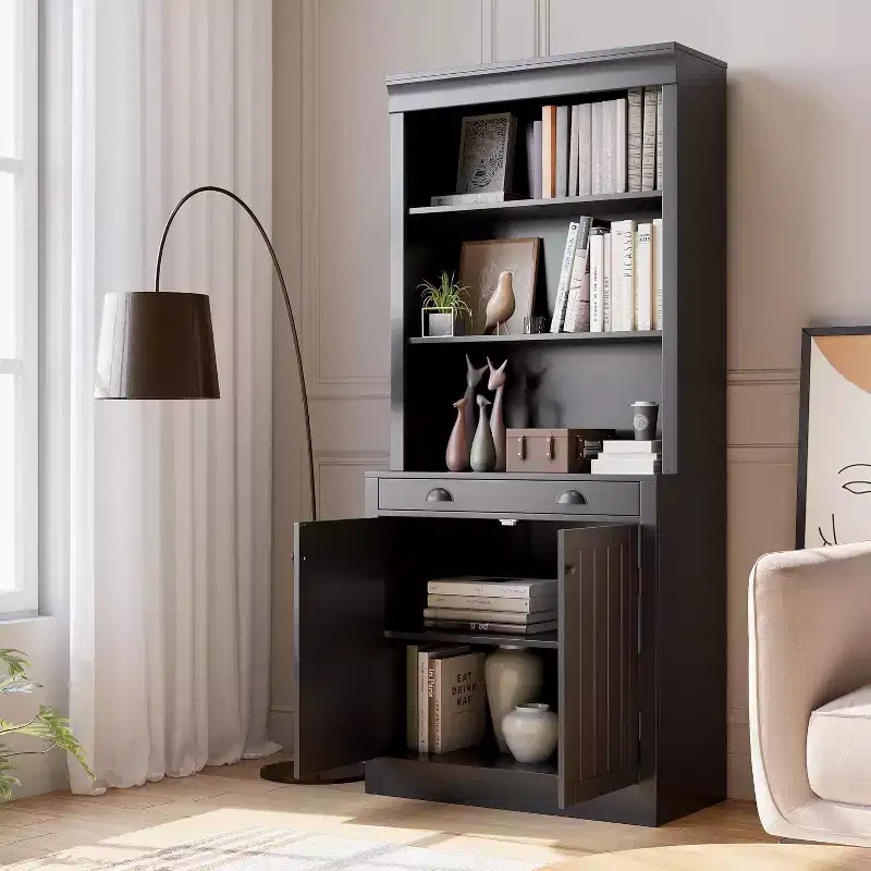 71 Tall 5-Tier Bookcase with 2 Doors & 1 Drawer, Adjustable Shelf Wooden Storage Cabinet for Living Room, Home Office