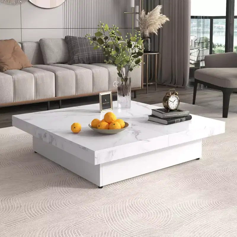 Modern 2-Layer Coffee Table with Casters, Square Cocktail Table with Removable TrayUV High-Gloss Marble Design Center Table for Living Room