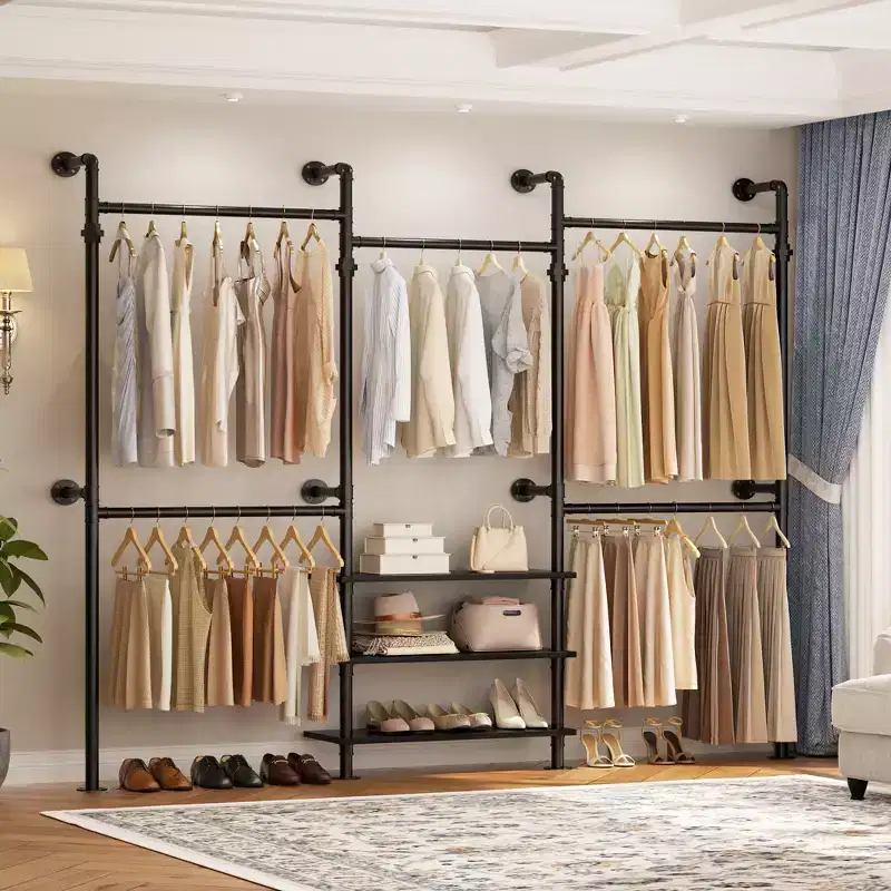 Besiost Industrial Pipe Clothing Rack, 7.3-10.9Ft Wall Mounted Closet System
