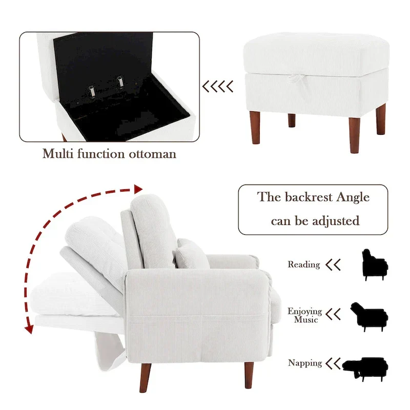 UIXE Modern Lounge Chair Accent Chair and Stroage Ottoman With Adjustable Backrest