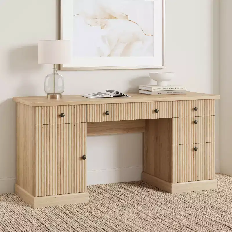 Fluted Home Office Desk Storage, 60 in Modern Executive Desk with Charging Station, Wooden Computer Writing Desk with File Drawers for Study Room