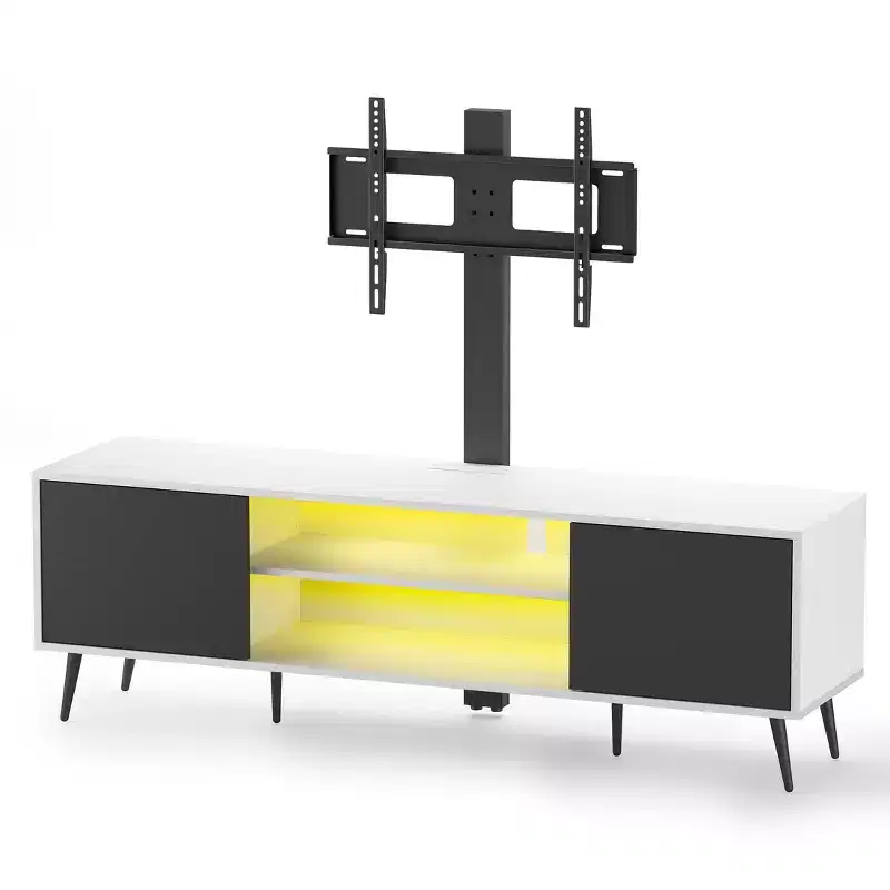 Skyzoo TV Stand with Swivel Mount for 50/55/65 inches TV with LED Light & Power Outlet for Living Room, Height Adjustable, White