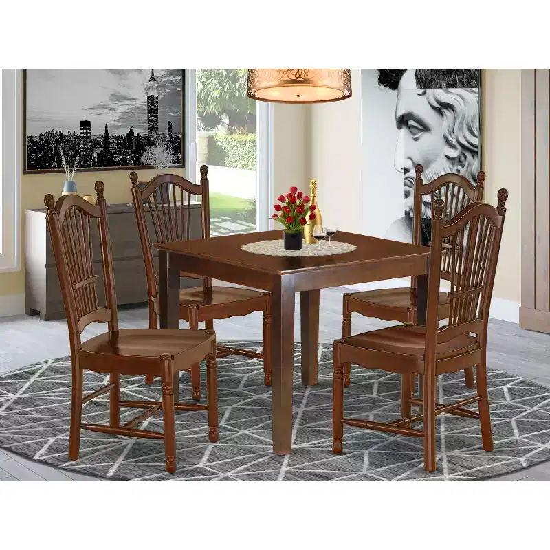 HomeStock Belmont 5Pc Square 36 Dinner Table And Four Wood Seat Kitchen Chairs, Mahogany