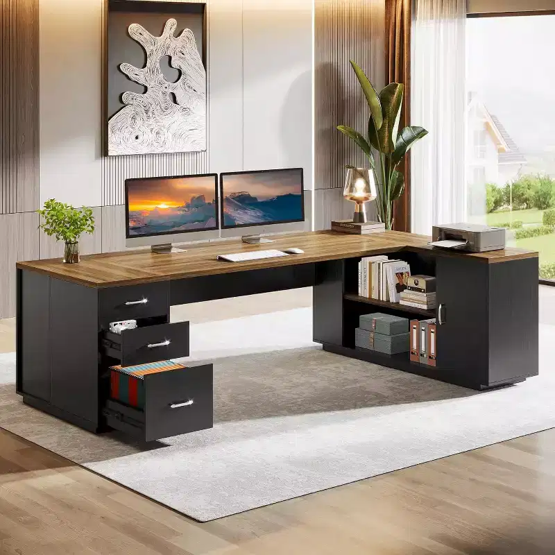 Lantine 85.8 L-Shaped Executive Desk, Extra Large Office Computer Desk with File Drawers for Home Office