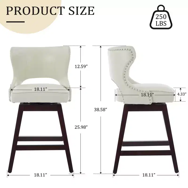 Swivel Nailhead Counter Bar Stools Set of 2 Upholstered 360° Solid Wood Legs 26