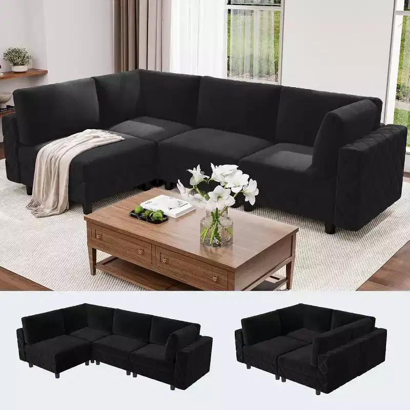 Black Modular L-Shaped Sectional Sofa C 4-Seater Diamond Pattern Couch with Wood Frame for Living Room & Apartment (Easy Assembly)