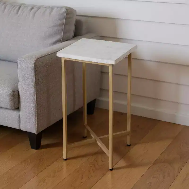 HomeRoots 21 White and Gold Distressed Marble and Iron Square End Table