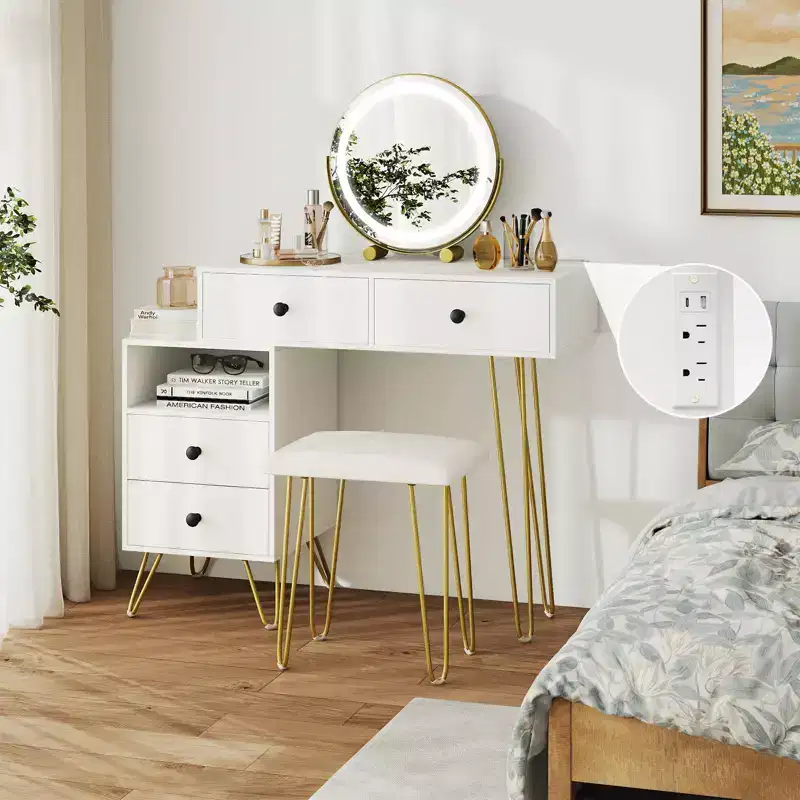 Costway Vanity Desk w/ Mirror Lights Built-in Power Outlet 4 Storage Drawers Stool