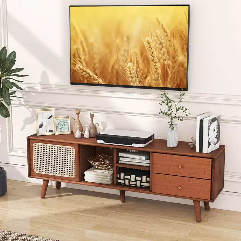 Costway Bamboo TV Stand Console Table with PE Rattan Door & 2 Drawers for TV up to 65 Brown/Natural