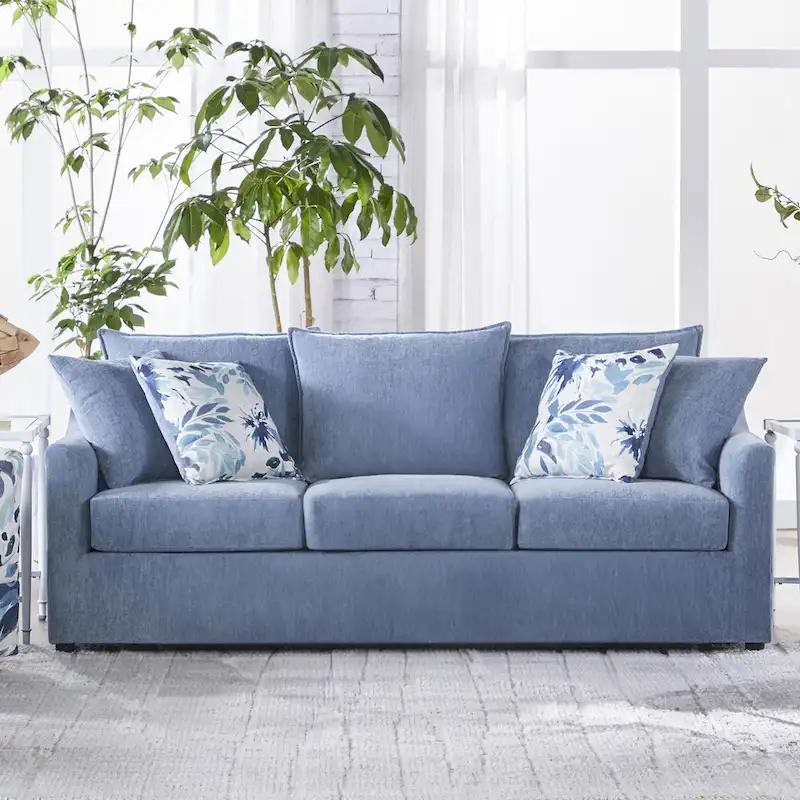 3-Seater Pillow Back Sofa in Slate Blue Polyester with 4 Accent Pillows