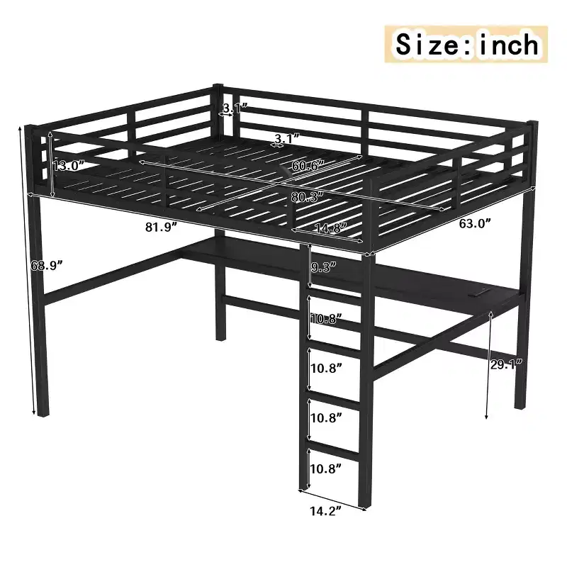 Black Metal Queen Size Loft Bed with Power Outlet and LED Lighted Space-Saving Noise Reduced