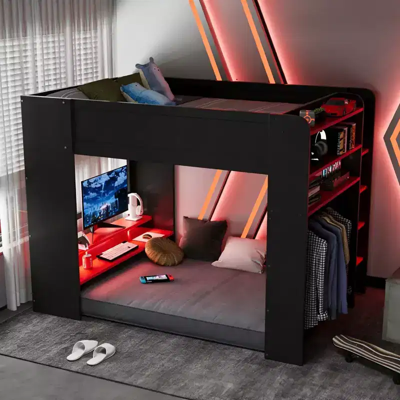 Luxystar Full Size Loft Bed With Lighted Adjustable Desk, Open Wardrobe and Bookcase