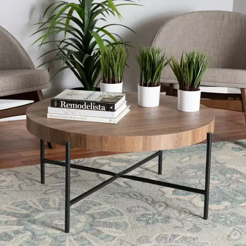 Modern Industrial Round Coffee Table, Walnut Brown & Black Metal