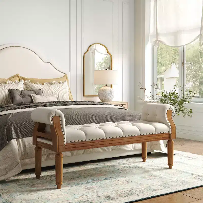 Christopher Knight Home Lena Mid-Century Modern Rubberwood Linen Upholstered Tufted Bench with Rolled Arms