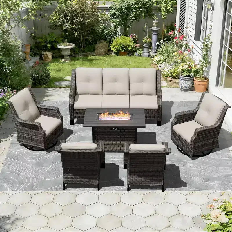 UPTIOT Premium Outdoor Set with Rocking Chairs, Swivel Chairs, Sofa & Fire Pit for Ultimate Relaxation