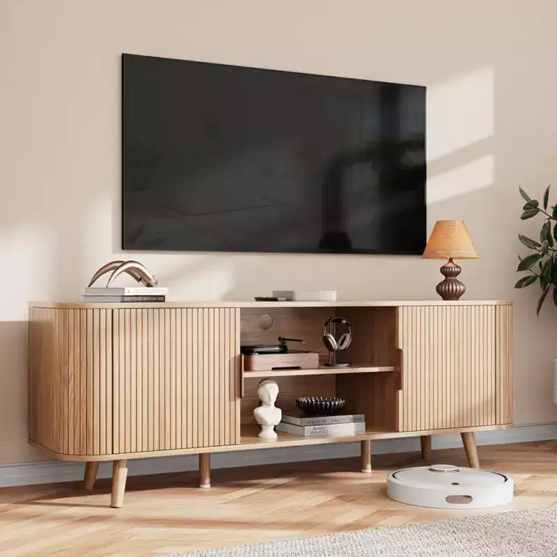 55 Inch Media Console for Bedroom Living Room Oak TV Stand for 65 Inch TV Mid Century Modern Cabinet Fluted Wood Detail Cable Management