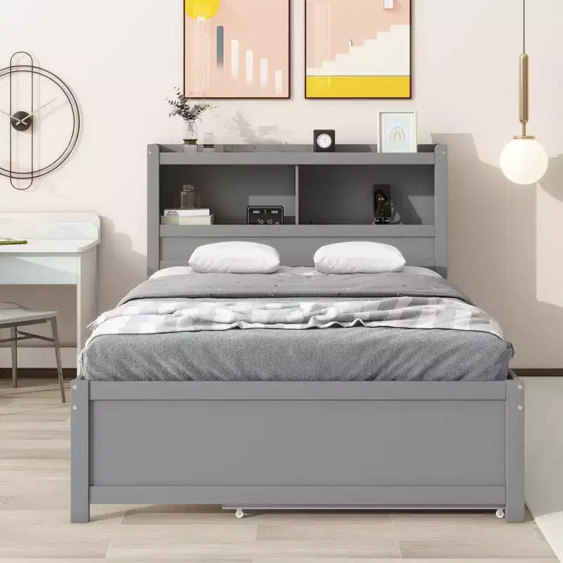 Whisen Full Size Wood Platform Bed with Trundle, Drawers and USB Plugs