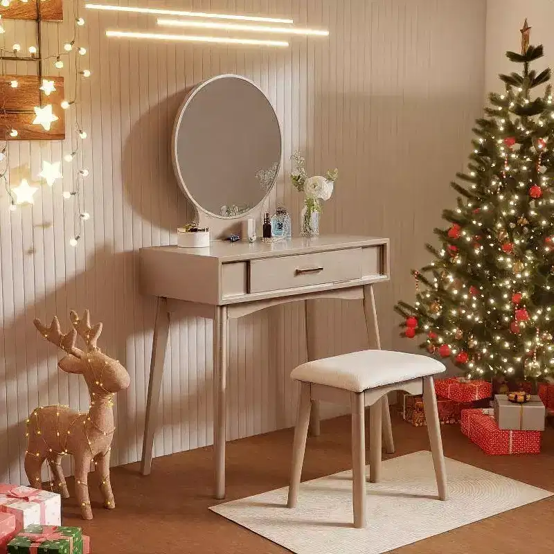 JVNOXK32.28-inch modern wooden round mirror vanity with tapered legs. Includes drawers with metal slides and stool set, gold