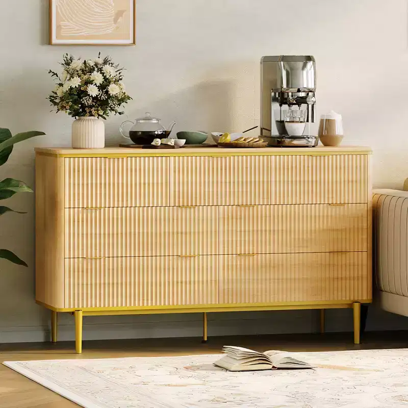 7 Drawers Dresser for Bedroom, Fluted Chest of Drawers Dresser Wood Storage Cabinet Curved Design TV Stand with Gold Metal Handles for Living Room