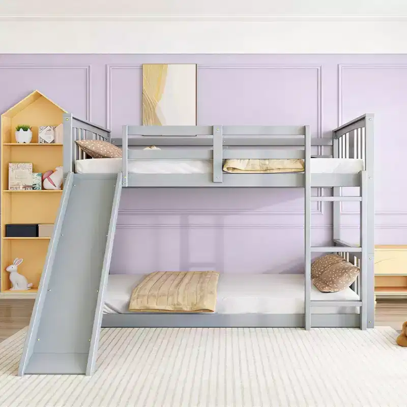 Twin over Twin Low Wooden Bunk Bed with Reversible Slide for Kids