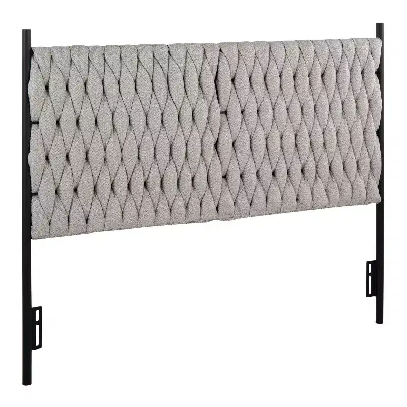 Queen Braided Tufted Headboard, Polyester Upholstery & Metal Frame, Black/Cream