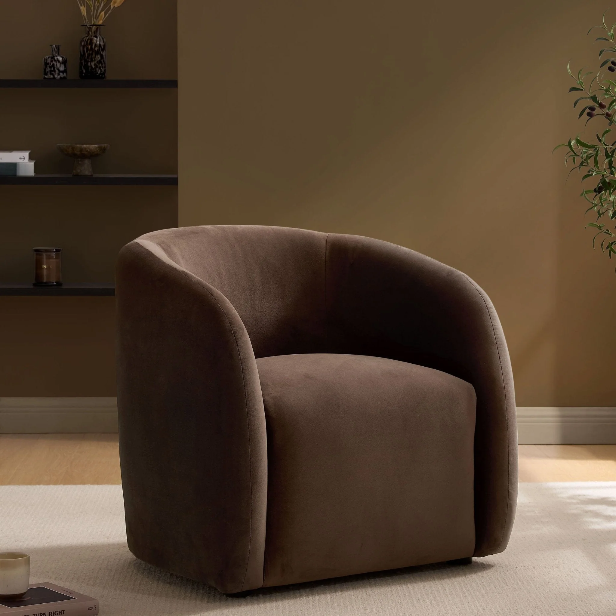 Nordic Cappuccino Fabric Accent Chair with Structured Design for Living Room