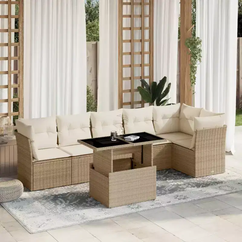 vidaXL 7 Piece Patio Sofa Set with Cushions, Poly Rattan Outdoor Sectional, Modular, Adjustable Table