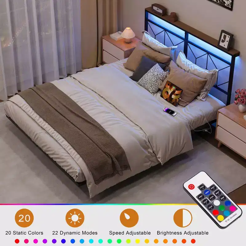 Hausource Floating Bed Frame with LED Storage Headboard, Charging Station, No Box Spring Needed