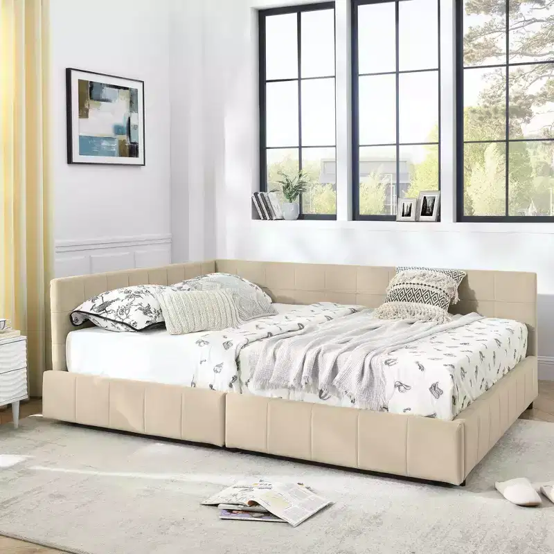 MAYEERTY Queen Size Storage Upholstered Tufted Bed Frame with Backrest and Armrests for Bedroom Beige